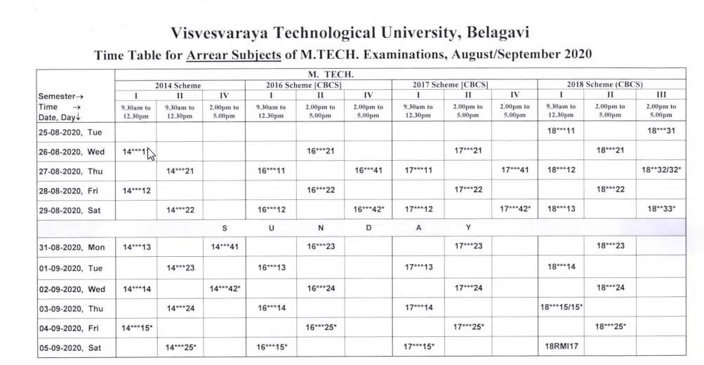 Revised VTU MTech Exam Time Table Aug/Sept 2020