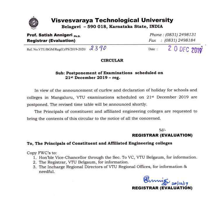 vtu dec 21 2019 exams postponed