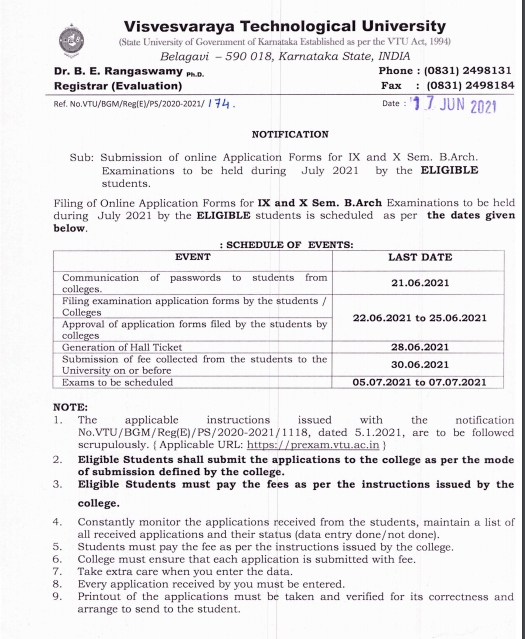 VTU Official Notification on 17th June 2021