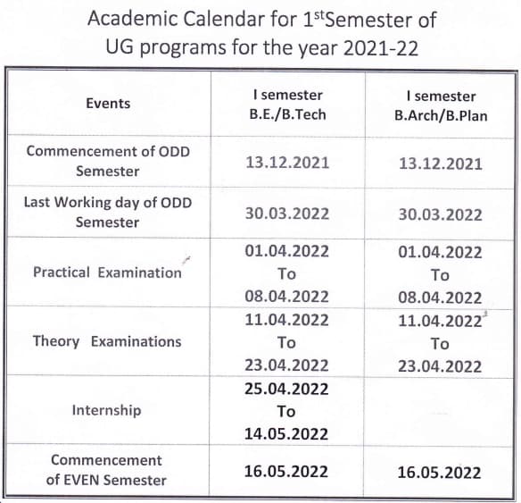 VTU Calendar 1sem BE & BArch