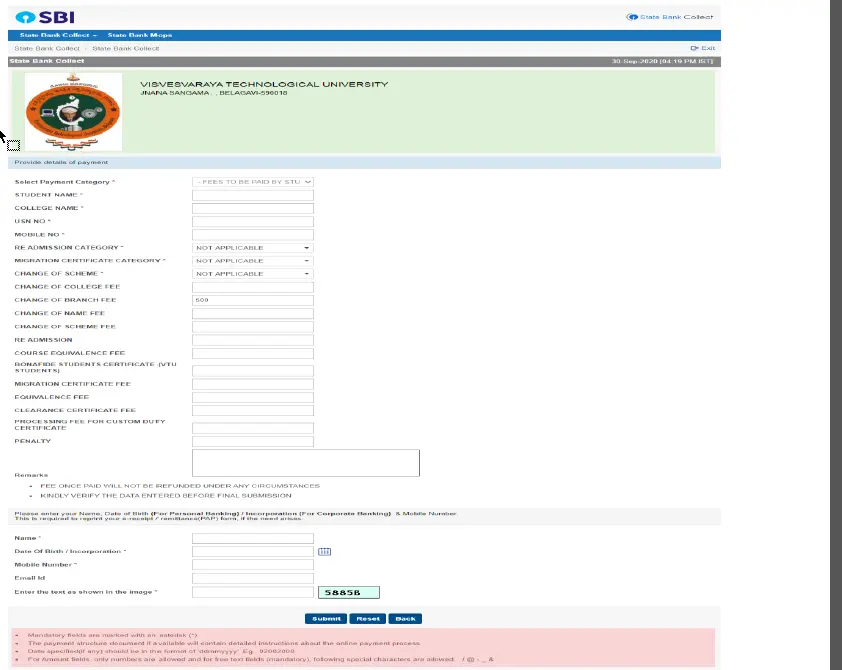 VTU Change of College SBI payment form