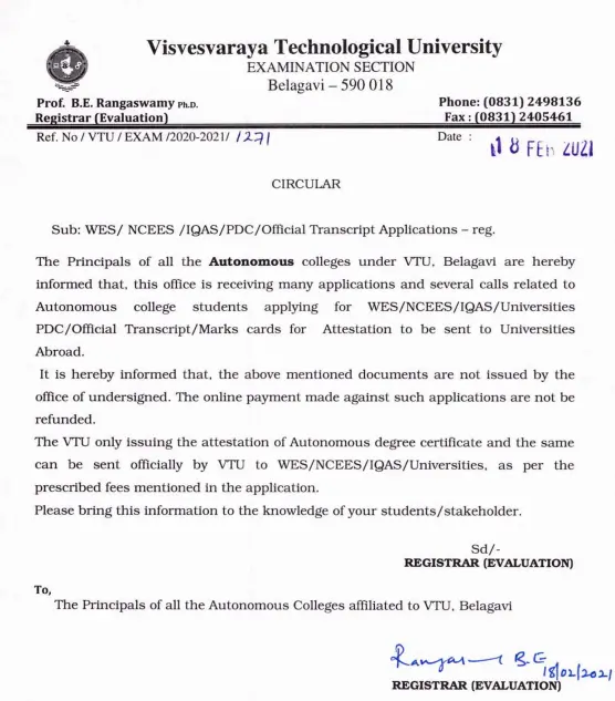 VTU Circular on 18th Feb 2021