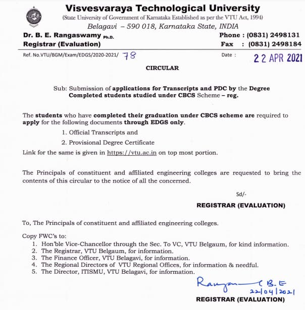 VTU Circular on 22nd April 2021