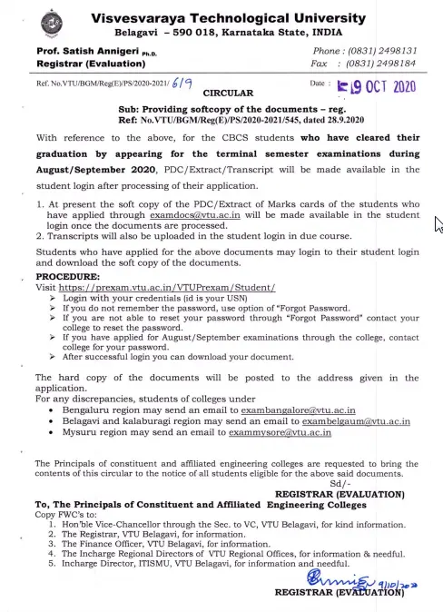 VTU Circular on 9th Oct 2020