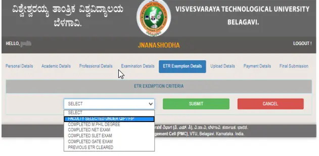 VTU ETR PhD Exemption details