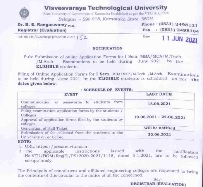 VTU Notification on Exam form on 11th June 2021