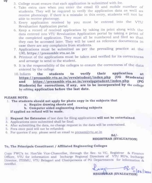 VTU Notification Revaluation Dates 11th June 2021 