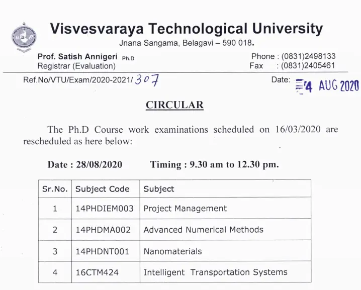VTU PhD Exams 2020 Rescheduled