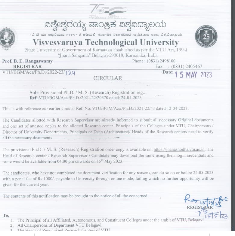 VTU Provisional PhD/ MS Research Registration 2023 Download Circular